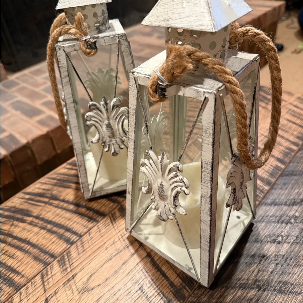 Rustic White Lanterns with Rope Handle set of 2 🔥